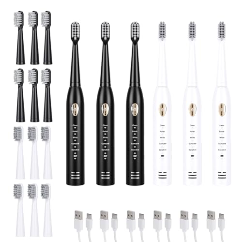 6 Pack Sonic Electric Toothbrushes for Adults Family Set with 24 Replacement Heads 5 Cleaning Modes Rechargeable Employee Appreciation Gifts Bulk 1 Count (Pack of 6)