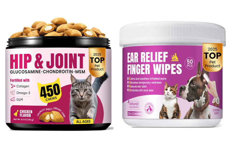 Cat Joint & Ear Care Support Bundle – Joint Support Creamy-Filled Treats with Ear Cleaning Finger Wipes