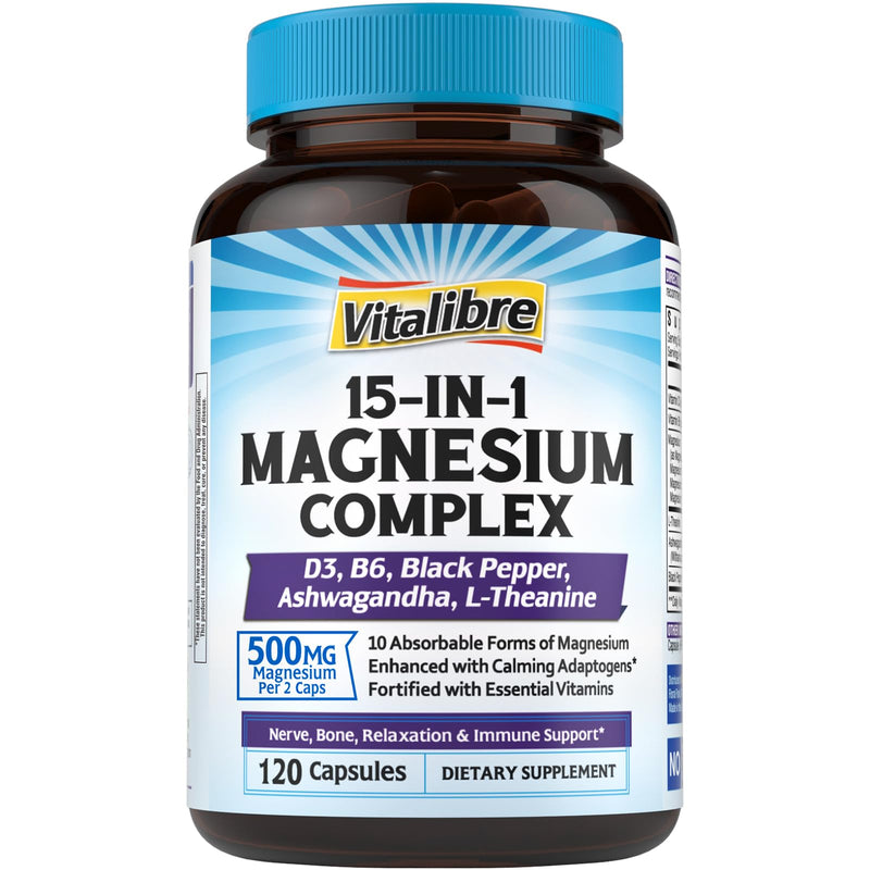Vitalibre 15 in 1 Magnesium Complex for Women Men, 120 Vegan Capsules | Magnesium Glycinate, Malate, Taurate and More, with Ashwagandha, L-Theanine, Vitamin D3 & B6, Relaxation, Bone, Nerve Support