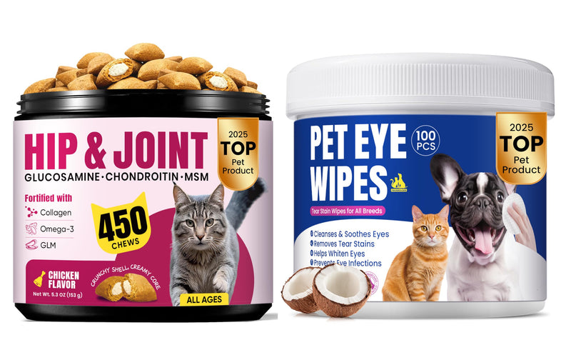 Cat Joint & Eye Care Support Bundle – Joint Support Creamy-Filled Treats with Eye Cleaning Wipes