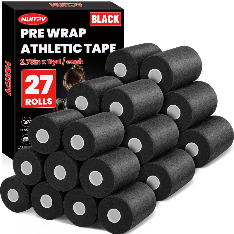 27 Pack Pre Wrap Athletic Tape, 2.76 Inch x 11 Yards Prewrap Tape for Hair Soccer, Pre Wrap Foam Underwrap Tape, Soccer Pre Wrap Tape, Prewrap Tape for Hair, Wrists, Hands, Ankles, Knees - Black Black-27 Pack - BeesActive Australia