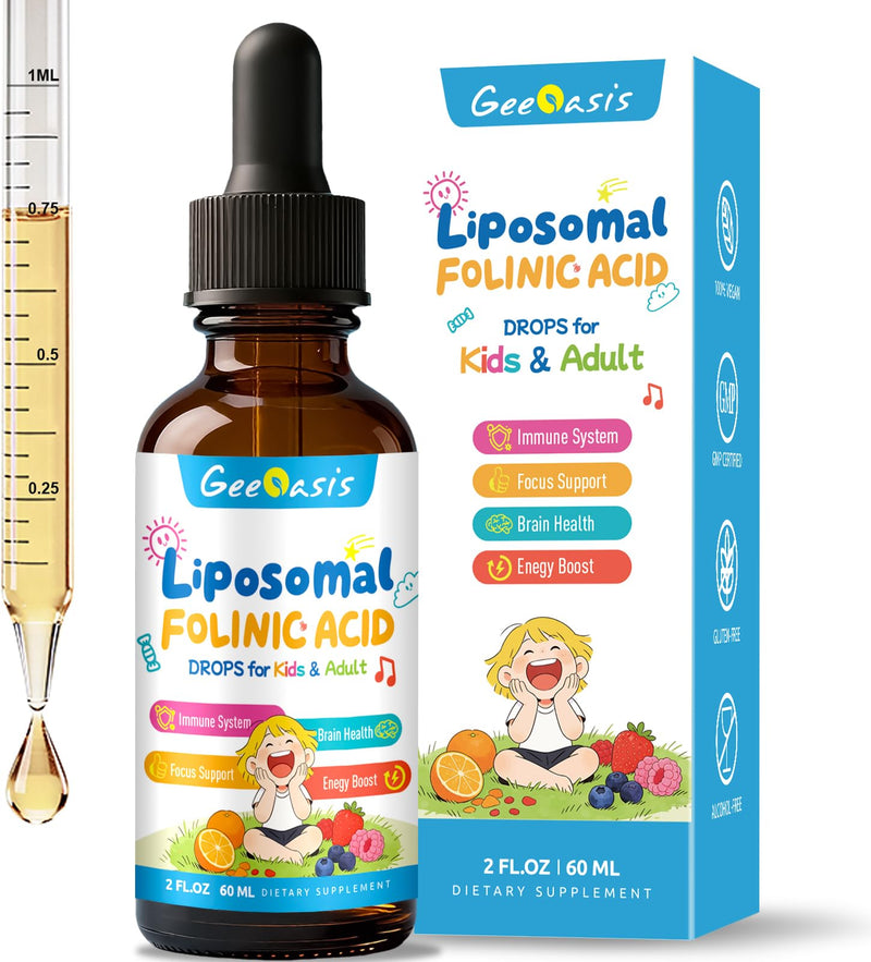 Liquid Folinic Acid & Methylfolate Drops for Kids, 2 Fl Oz | Folic Acid Supplement with Methylated B12 for Women, with Zinc Citrate, Vitamin B6 & C