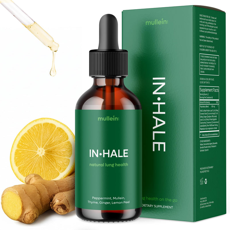 mullein Inhale Drops for Lungs: 2oz. Instant Cooling Herbal Tincture, Vitamin C, Vitamin B6, Leaf Extract for Lungs - Eliminate Mucus, Refresh Airways, Power-Up Immunity, Serving Size 2ml