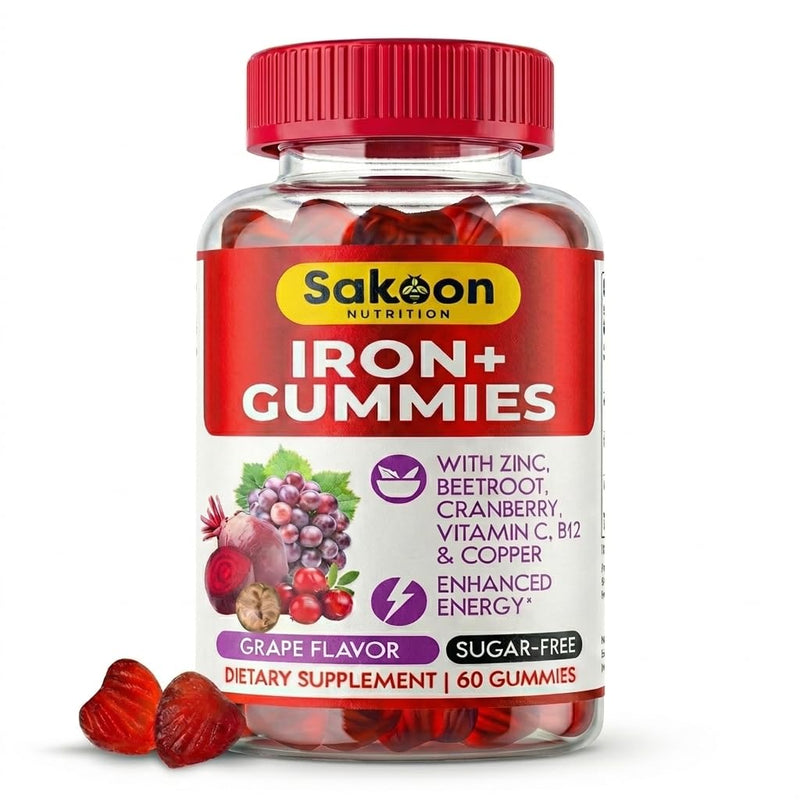 Sakoon Nutrition Iron Gummies for Women & Men | 60 Count Sugar Free Grape Flavour Vegan Iron Gummies with Vitamin C, B12 & Zinc | Support for Bones Strength, Energy & Blood Health | 2Count Per Serving