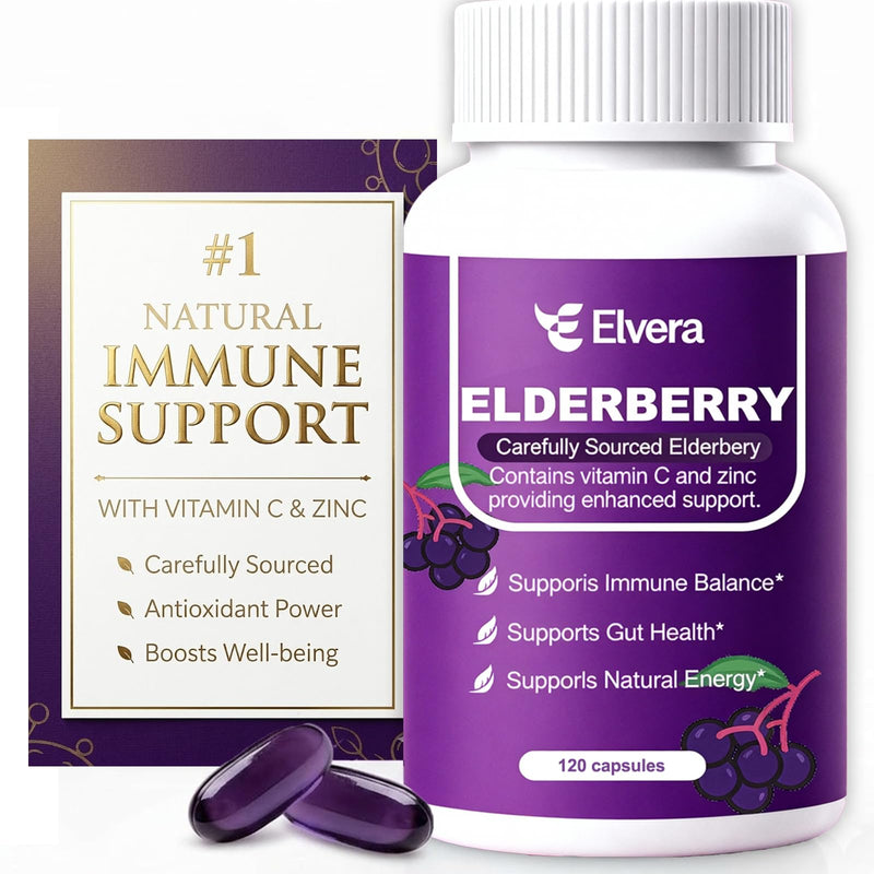 Elderberry - Elvera Elderberry Gut Support, 1200mg Elderberry Extract, Vitamin C, Zinc for Digestive Balance, Immune Support | Vegan, Non-GMO | 120 Soft Capsules 1pc