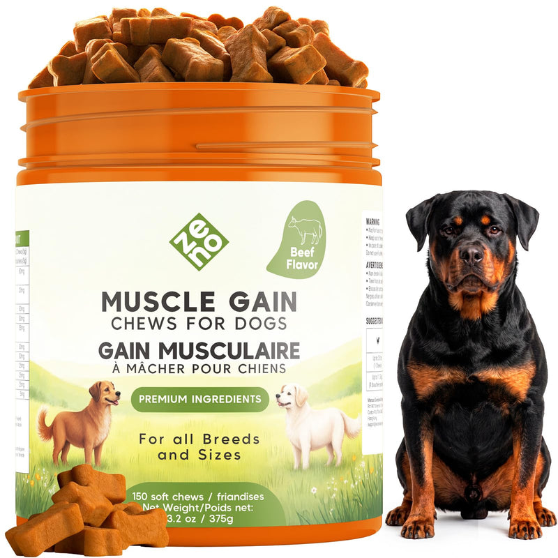 ZENO 11-in-1 Muscle Gain Chews - Weight Gain Supplements for Dogs with High Protein & Amino Acids - Premium Muscle Builder for Bully & All Breeds - Healthy for Puppies - 150 Chews - Beef
