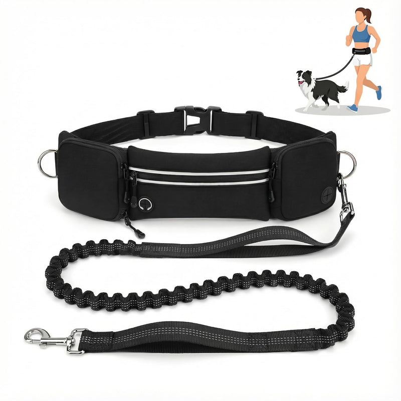 Hands Free Dog Leash 3 Zip Pounchs with Reflective Strips Poop Bag Dispenser,Waist Belt Fanny Pack Waterproof,Dual Handles and Durable Bungee for Dog Walking,Jogging and Running (black-black) black-black