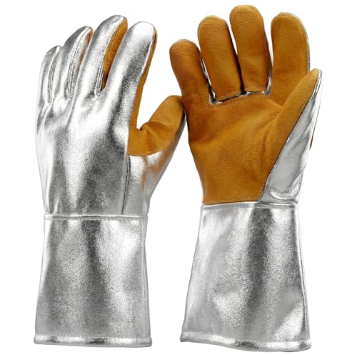 QWORK High Temperature Aluminized Welding Gloves, 14-Inch Heat Resistant Safety Workwear for Smelting & Metal Industries, 972°F Resistance