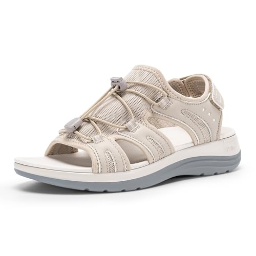 FitVille Women's Orthopedic Wide Sandals with Arch Support Breathable Adjustable Strap Comfortable Walking Sandals For Plantar Fasciitis, Swollen Feet 7 Wide Beige