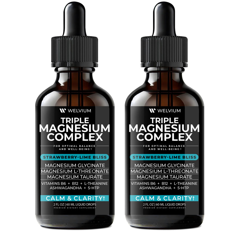 Triple Magnesium Complex Liquid Drops with Ashwagandha, L-Theanine, 5-HTP | Magnesium Glycinate Supplement, L-Threonate & Taurate, Ashwagandha, L-Theanine, 5-HTP, Vitamins B6, B12, Bromelain & Inositol