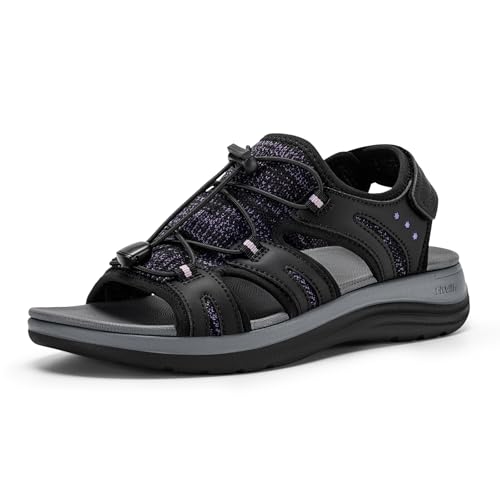 FitVille Women's Orthopedic Wide Sandals with Arch Support Breathable Adjustable Strap Comfortable Walking Sandals For Plantar Fasciitis, Swollen Feet 11 Wide Black