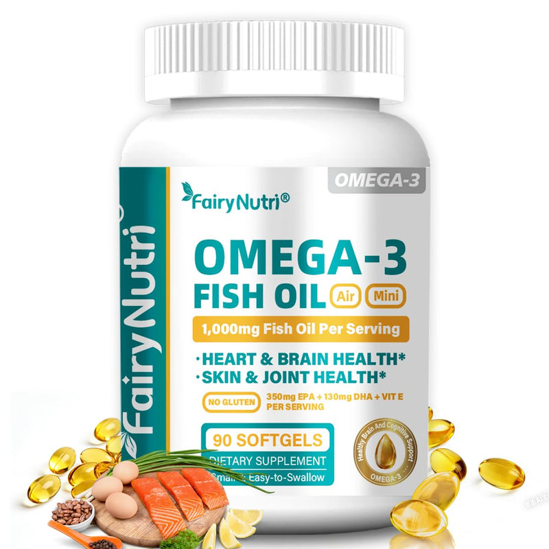 Omega-3 Fish Oil Softgels, 1000mg Per Serving, 350mg EPA + 130mg DHA, Heart & Brain Health Support, Air Mini Small & Easy to Swallow, 90 Count