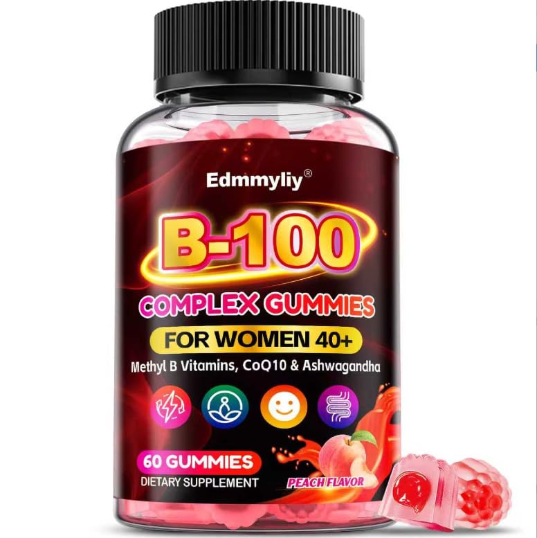 Vitamin B Complex Supplement for Women 40+ - Methylated B Complex Gummies | with Vitamin B12, Folate, B1, B2, B5, B6, Biotin for Women - Peach Flavor B-Complex Gummies, Sugar Free, Vegan, 60 Ct 60 Count (Pack of 1)
