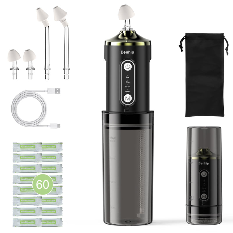 Electric Nasal Irrigation System Packets, Sinus Rinse, Neti Pot Relief System Portable for Kids/ Adults Cordless Waterproof Nasal Rinse Bottle with 60 Saline Kits Nose Wash Machine Black