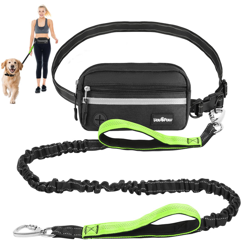 VavoPaw Hands Free Dog Leash with Pouch, Waist Leash for Dog Walking, Jogging, Hiking, Retractable Leashes with Dual Padded Handles, Adjustable Reflective Belt for Small Medium Large Dogs, Black Green 1 Leash