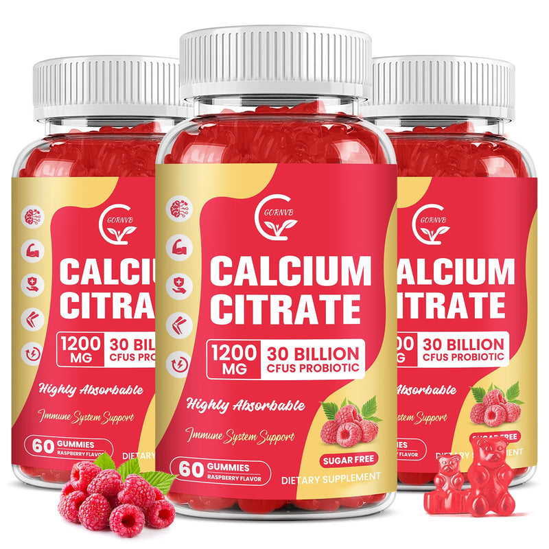 (3 Pack) Sugar Free Calcium Citrate Gummies 1200 mg with Vitamin d3, K2, Magnesium, Zinc for Bone, Muscle & Immune Support, High Absorption Calcium Supplement for Women, Raspberry Flavor, 60 Chews 60 Count (Pack of 3)