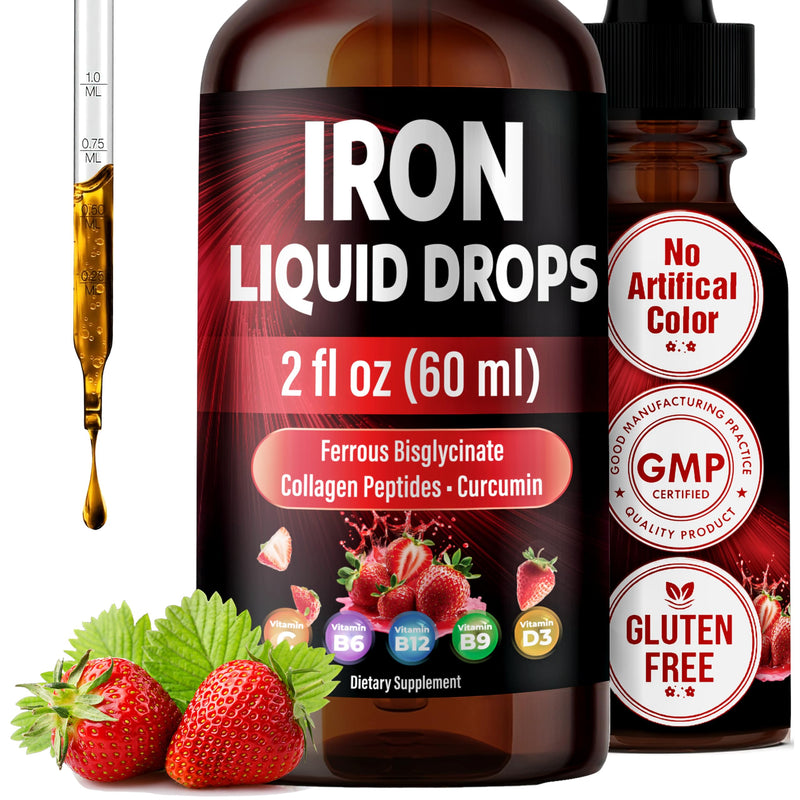 Liquid Iron Drops – with Vitamin C, B6, B12, Folic Acid, & Collagen | Strawberry Flavor - 2 Fl. Oz (60ml) 2 Fl Oz (Pack of 1)