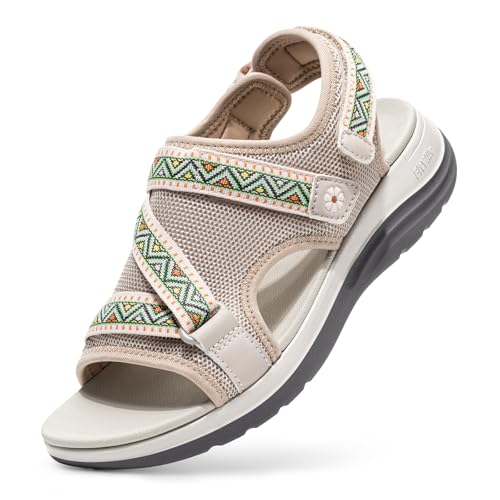 FitVille Women Wide Comfortable Sandals, Open Toe Flat Sandals for Women with Adjustable Back Strap, Orthopedic | Arch Support | Plantar Fasciitis | Swollen Feet 11 Wide Beige