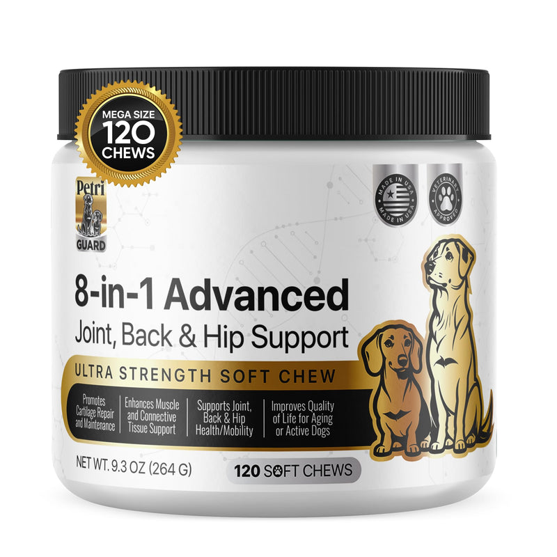PetriGuard | Advanced Hip, Back & Joint Supplement for Dogs | Ultra Strength Formula w/ 8 Active Ingredients | USA Made & Veterinarian Approved | Glucosamine, Turmeric, MSM + 5 More - 120 Chews