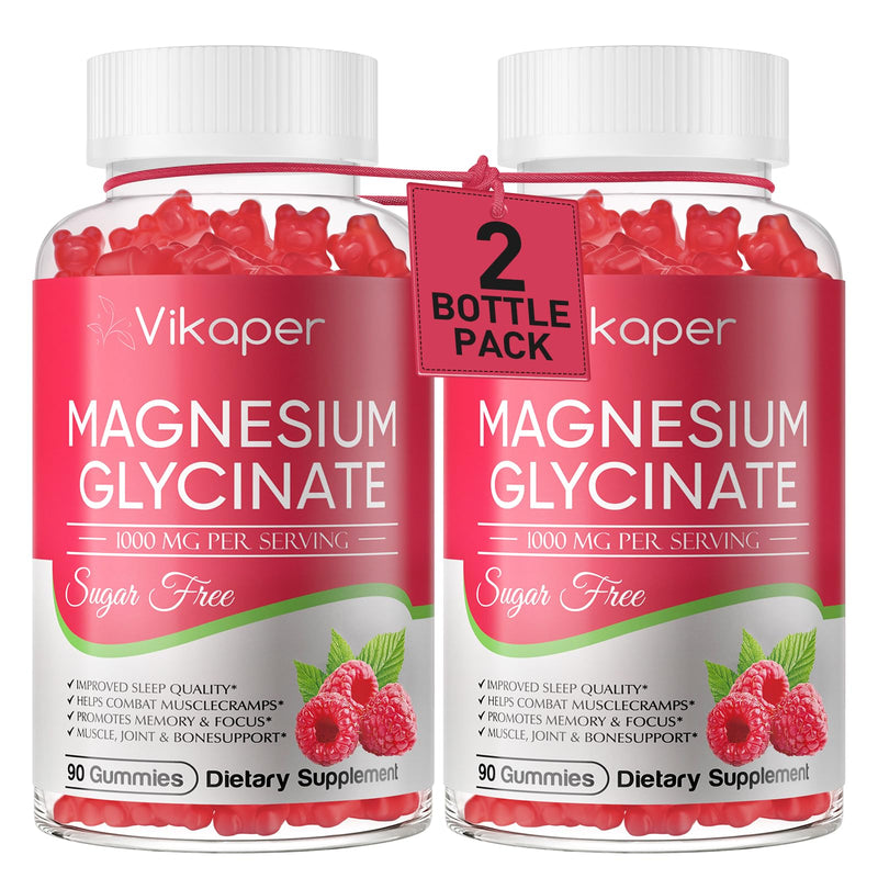 Magnesium Glycinate Gummies 1000mg Complex,Sugar Free Magnesium Supplement with Magnesium L-Threonate,Calcium,Potassium,Vitamin D3,B6 & CoQ10,Gelatin Free Raspberry Gummies for Adults,2 Pack,180 Ct 90 Count (Pack of 2)