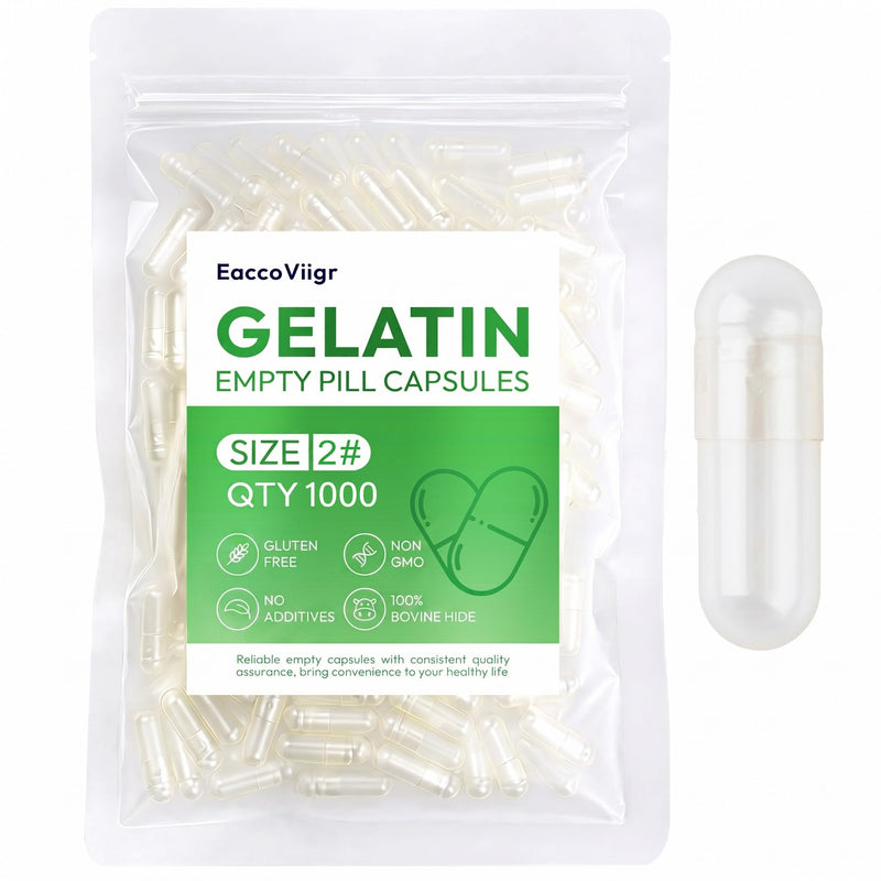 Size 2 Gelatin Empty Capsules - 1000 Count Clear Empty Pill Capsules, Fillable Empty Gel Capsule for Homemade Vitamins & Powders, Easy for DIY Supplements