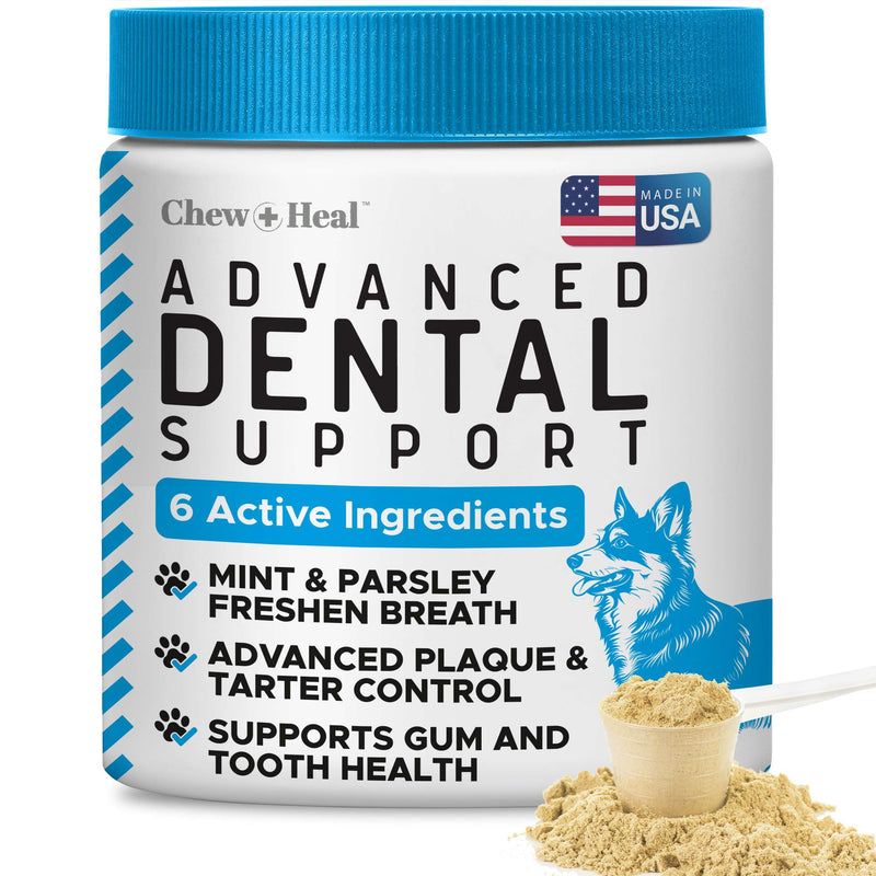 Advanced Dental Powder for Dogs - 4oz of Teeth Cleaning Powder with Scoop for Tartar, Bad Breath, Biofilm, Gum, and Tooth Health - Brown Algae, Kelp, Parsley, Green Tea, Probiotics - Made in USA