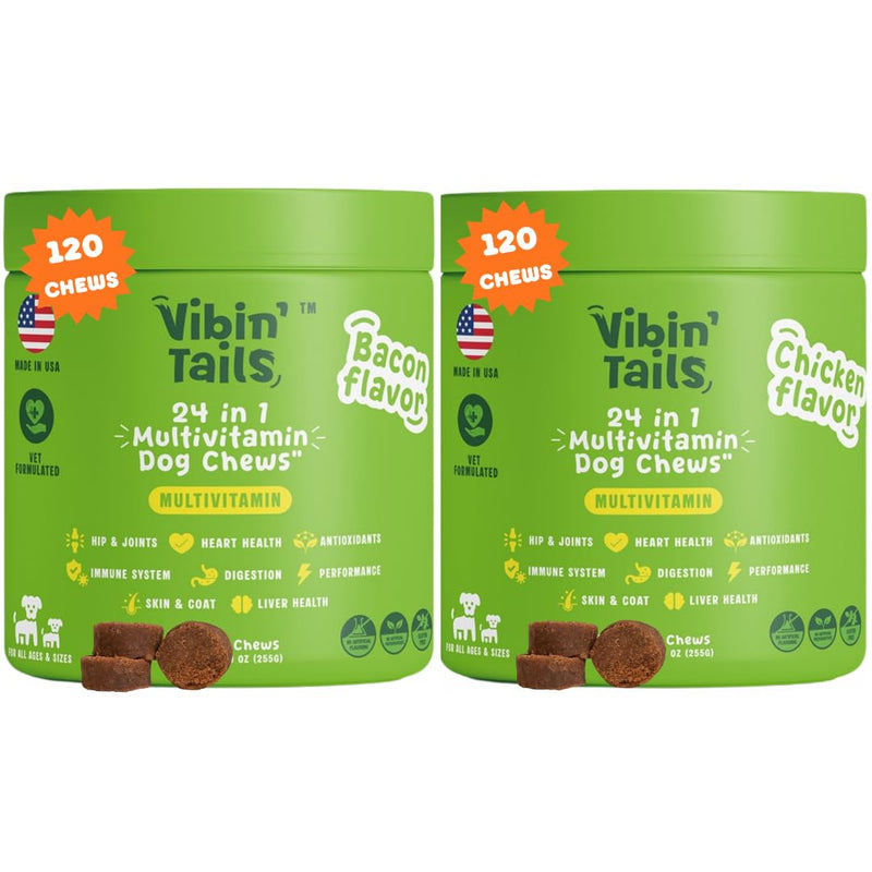 Vibin’ Tails Dog Multivitamin, Chewable Dog Vitamins and Supplements with Glucosamine, Chondroitin, Probiotics & Omega-3 for Hip & Joint, Skin & Coat – Puppy & Senior Multivitamin – 120ct