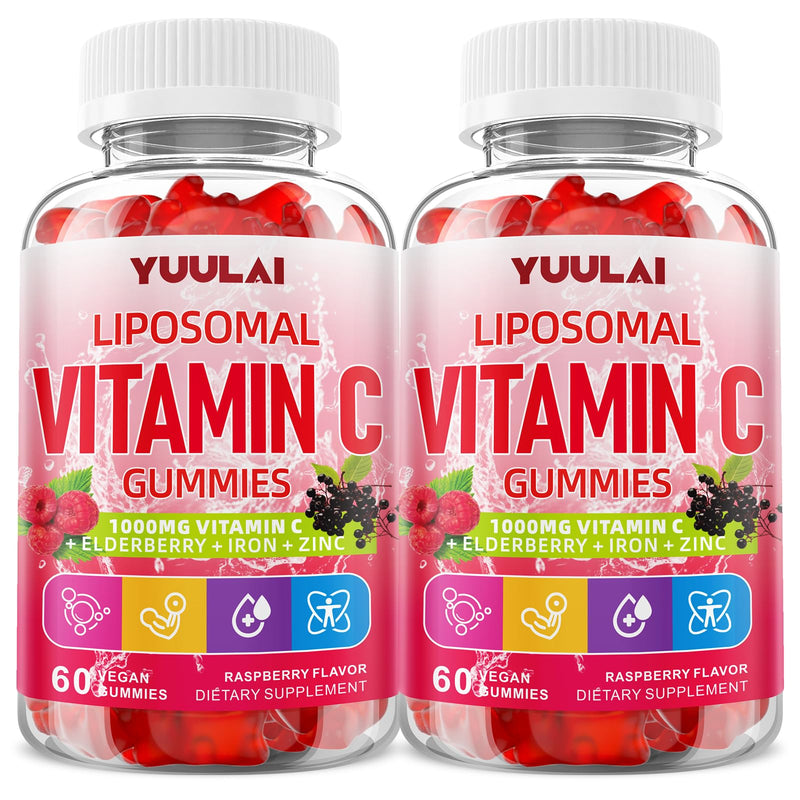 Pack of 2 Liposomal Vitamin C 1000mg Gummies for Adults, Vitamin C Chewable with Iron, Zinc & Elderberry for Immune Support & Energy, Sugar Free, Raspberry Flavor, 120 Count 120 Count (Pack of 1)