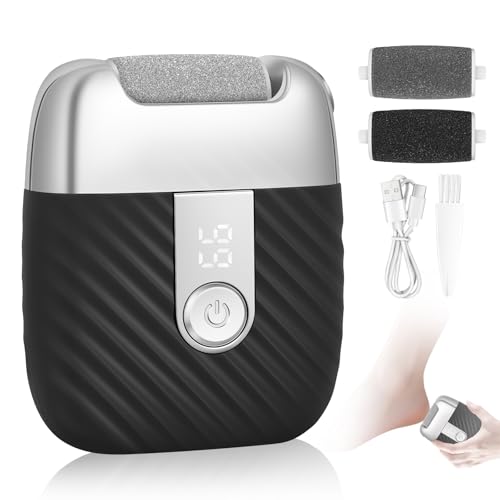 Electric Foot File with 2 Speeds & LED Display, Rechargeable Callus Remover with 3 Grit Heads (Coarse/Medium/Fine), Pedicure Tools for Feet Hard Skin Smooth Polishing (Black)