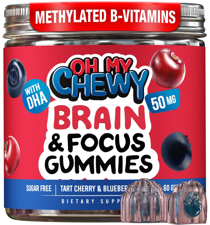 Center-Filled Brain and Focus Gummies For Kids & Teens DHA Complex Support | Memory and Cognition Supplements with DHA, Methylated B Vitamins, Folate, Zinc