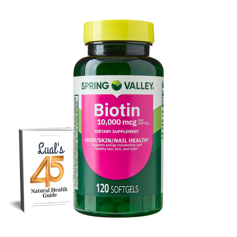Spring Valley Biotin 10000mcg 120 Count, Dietary Supplement for Hair Skin Nails, Hair Vitamins for Hair Loss for Women Bundle with Luall’s 45 Health Guide (10,000 mcg 120 Count) 10.000 mcg 120 Count