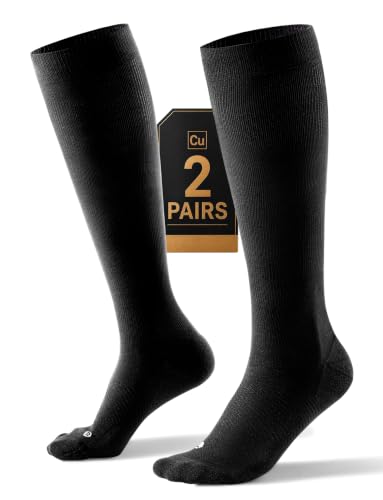 Easy On Medical Copper Compression Socks 20-30 mmHg for Women & Men (2 Pairs) - Knee High Graduated Compression for Circulation, Swelling, Odor Control, Athletic, Travel, Flying Medium 2 Pairs - Black