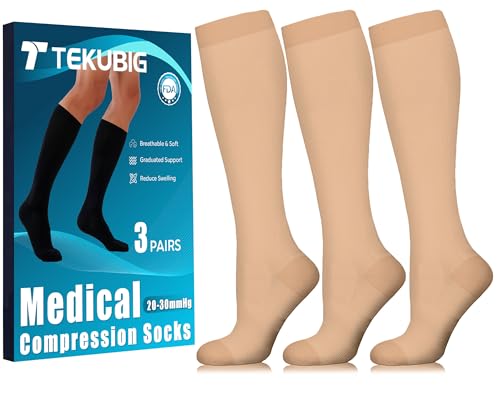 Tekubig 3 Pairs Medical Women Men Compression Socks Knee High 20-30 mmhg Graduated Stocking Support Hose Cute for Running Travel Small-Medium NUDE
