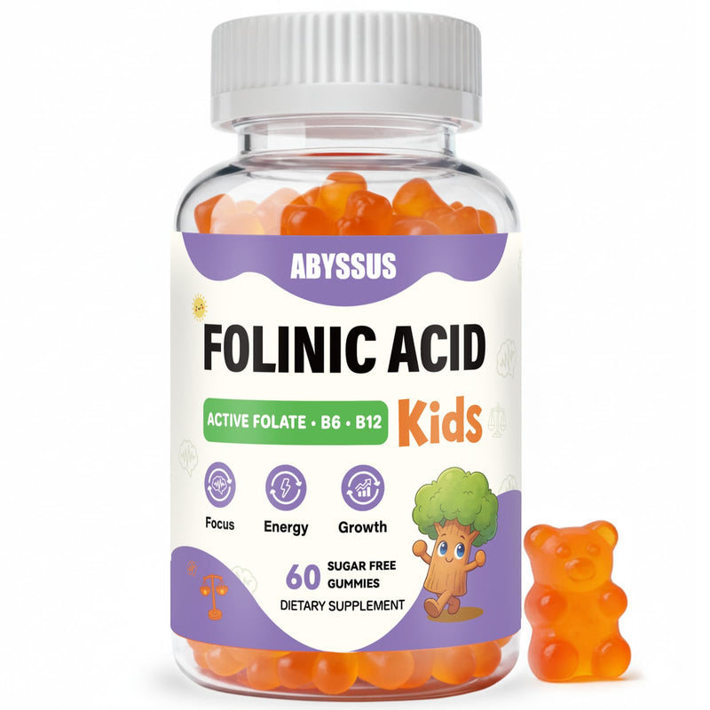 ABYSSUS Kids Folinic Acid Gummies with B6 & B12, Sugar-Free, 60 Count | Brain, Focus, Energy & Healthy Growth Support with Active B6 (P5P) & Methyl B12, Methylation Folate Supplement, Non-GMO