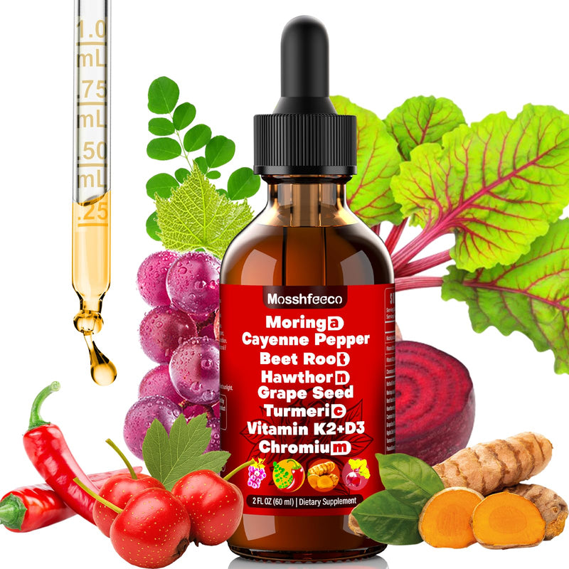 Cayenne Pepper Drops Supplement - Liquid Herbal Formula with Hawthorne Berry, Moringa, Ceylon Cinnamon, Vitamin D3, K2, Beet Root, Turmeric, Grape Seed & L-Arginine | Plant Based for Men & Women 60ML 2 Fl Oz (Pack of 1)