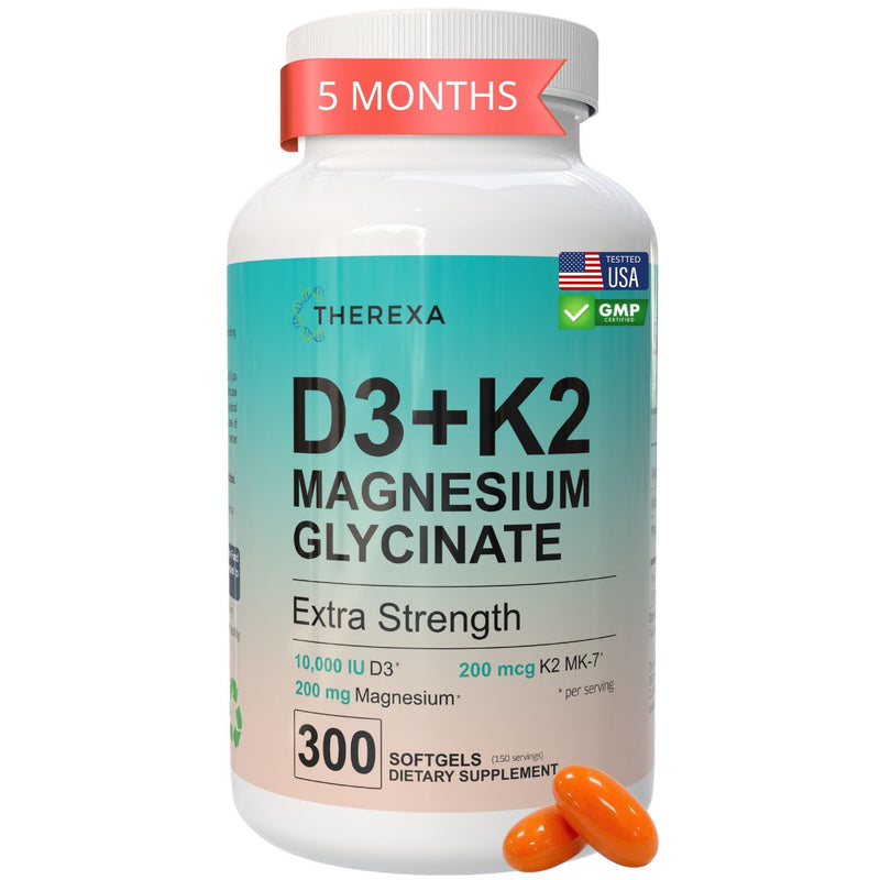 Vitamin D3 K2 10000 IU Magnesium Supplement - Extra Strength with 10,000 IU Vitamin D3 + K2 MK-7 200 mcg and Magnesium Glycinate Supplements Complex - 300 Softgels