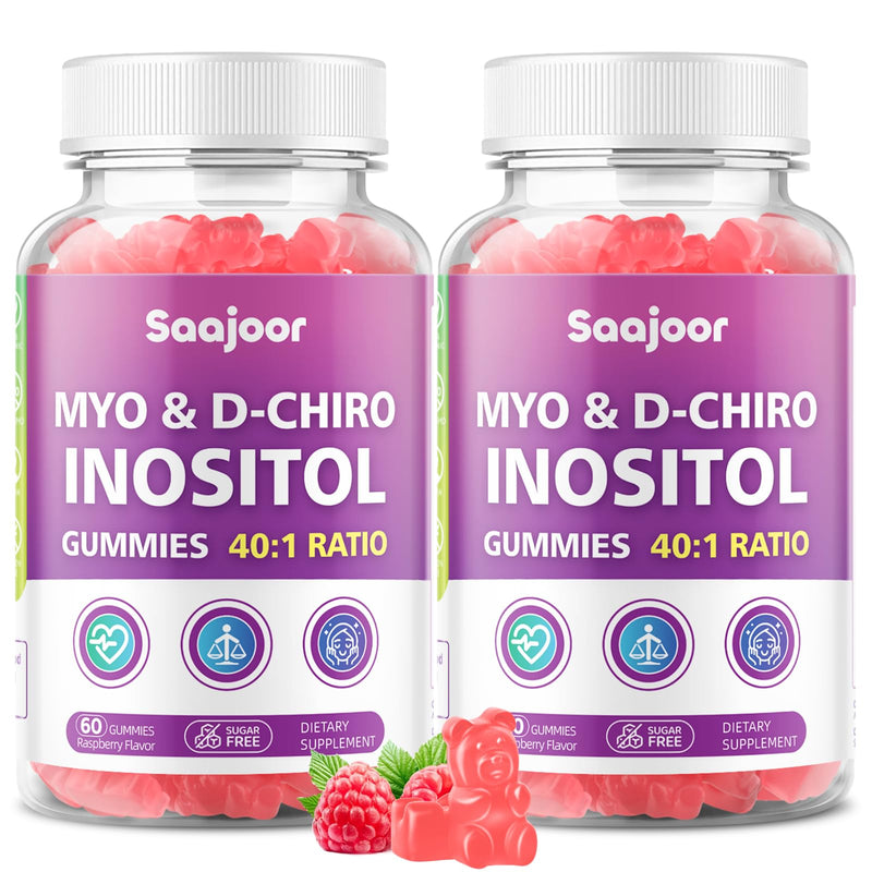 2 Pack Myo-Inositol & D-Chiro-Inositol Gummies with Vitamin D3, Magnesium Glycinate, Folate & Zinc, Inositol Supplement for Female Health, Vegan, Raspberry Flavor, 120 Gummies 2pack