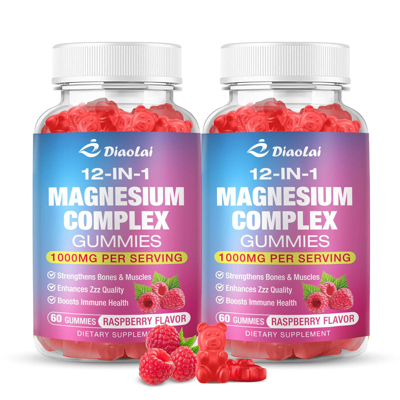 2 Pack Magnesium Complex Gummies with Citrate, Glycinate, Malate, Oxide – Plus Vitamin D3, B6, C, Ashwagandha & CoQ10 – Raspberry Flavor, 120 Count for Women & Men