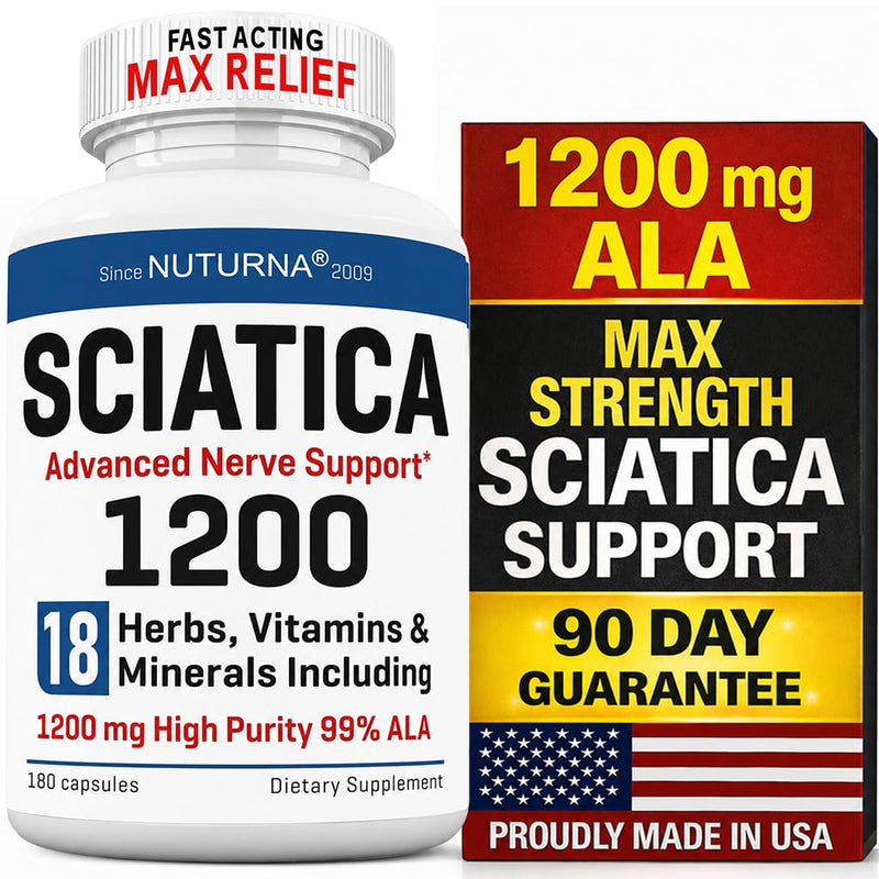 Sciatica Nerve Relief Supplement 1200 mg HP-99 Alpha Lipoic Acid - Maximum Strength ALA Sciatic Nerve Support for Lower Back Hip Buttock Legs & Feet - Ultra Potent 18-in-1 Natural Vitamins - 180 Caps White-cream