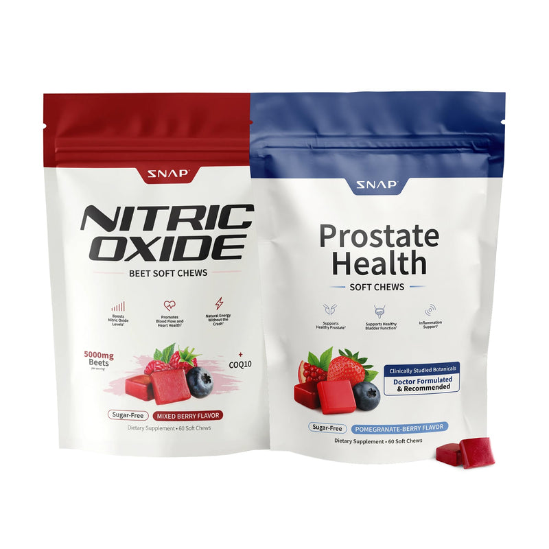 Snap Supplements Prostate Health + Nitric Oxide Bundle, 60 Soft Chews Each | Plant Sterols, Stinging Nettle Root & Reishi Mushroom + Beet Root Natural Chews, Pomegranate-Berry + Mixed Berry Flavors
