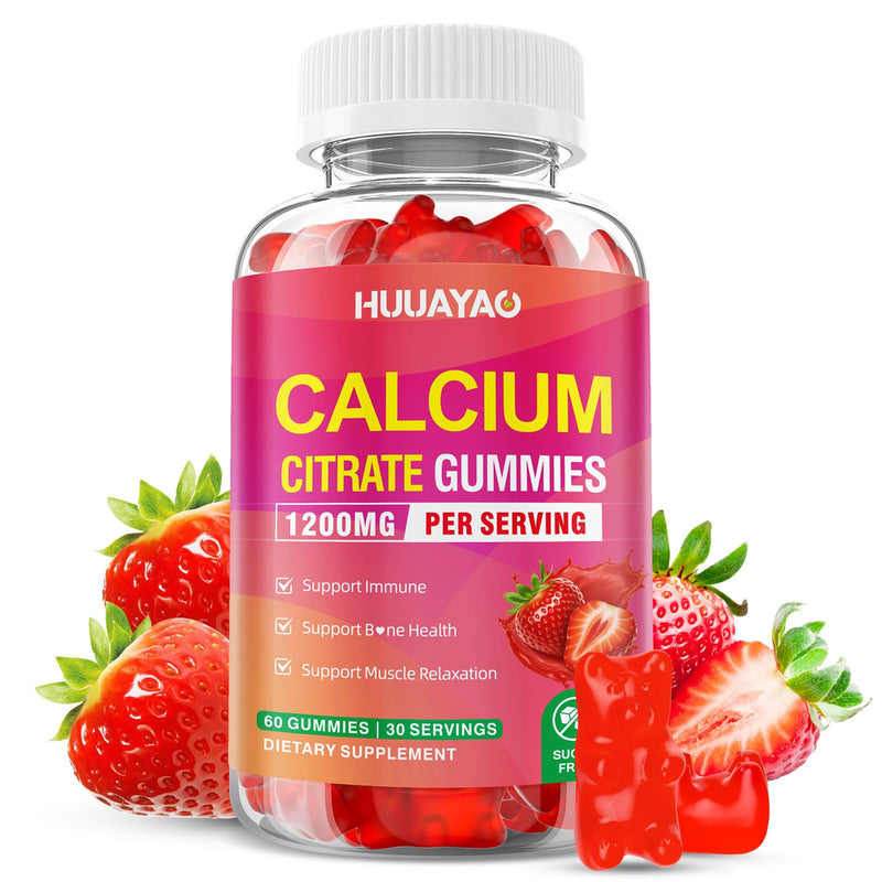 Calcium Citrate Gummies 1200mg, Chewable Calcium Supplements for Women & Men, High Absorption Calcium Gummies for Bone, Muscle & Immune Support, Sugar Free, Strawberry Flavor 60 Count 60 Count (Pack of 1)