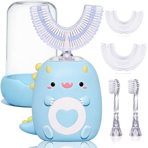 Kids U-Shaped Electric Toothbrush,4 Heads,Dinosaur Design Ages 2-12 Blue