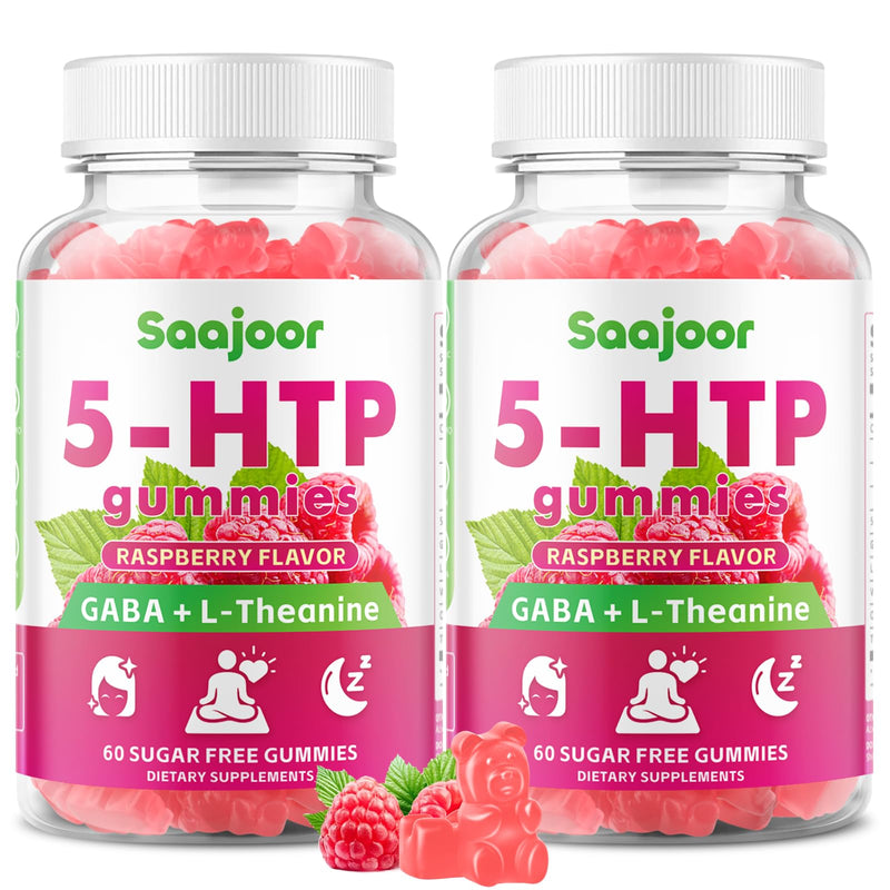 2 Pack 5-HTP 300mg Gummies with GABA + L-Theanine & Vitamin D3, Circadian Rhythm Support for Adults, Raspberry Flavor, 120 Gummies 2pack