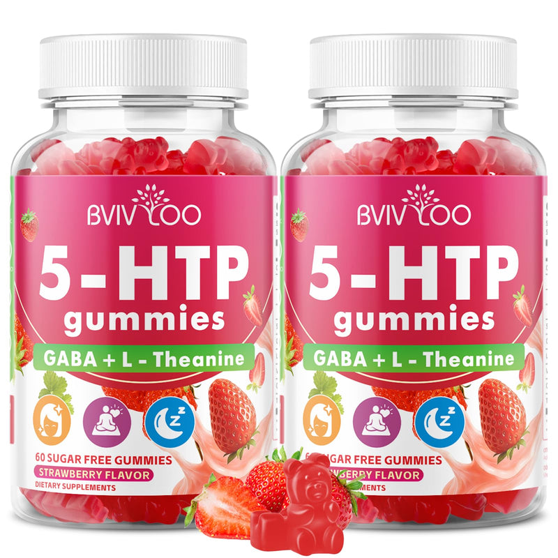 2 Pack 5-HTP Gummies + GABA - L-Theanine, Vitamin D3, Circadian Rhythm for Adults, Strawberry Flavor, 120 Count 2pack
