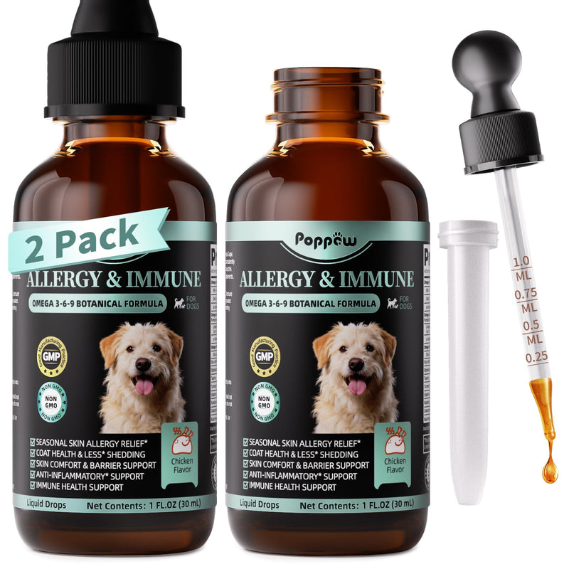 Allergy & Immune Supplement for Dogs - Omega 3-6-9 Liquid Drops for Seasonal Allergy Support, Skin Itch Relief, Less Shedding, Coat Health - with Biotin, Turmeric - Chicken Flavor - 2 FL.OZ