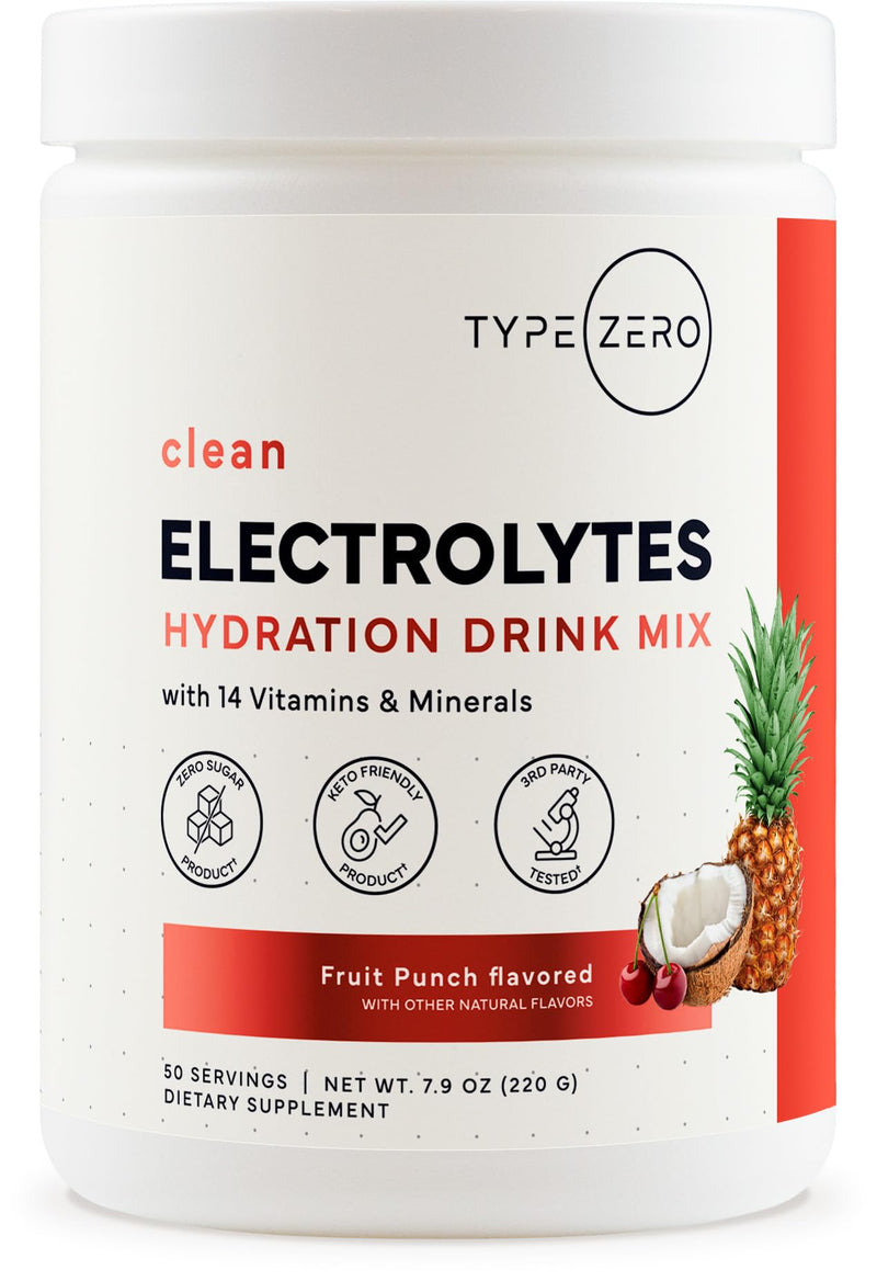 Type Zero Clean Electrolytes Hydration Powder (Fruit Punch) 50 Servings | 14 Essential Vitamins & Minerals, Sugar Free, Zero Artificial Ingredients
