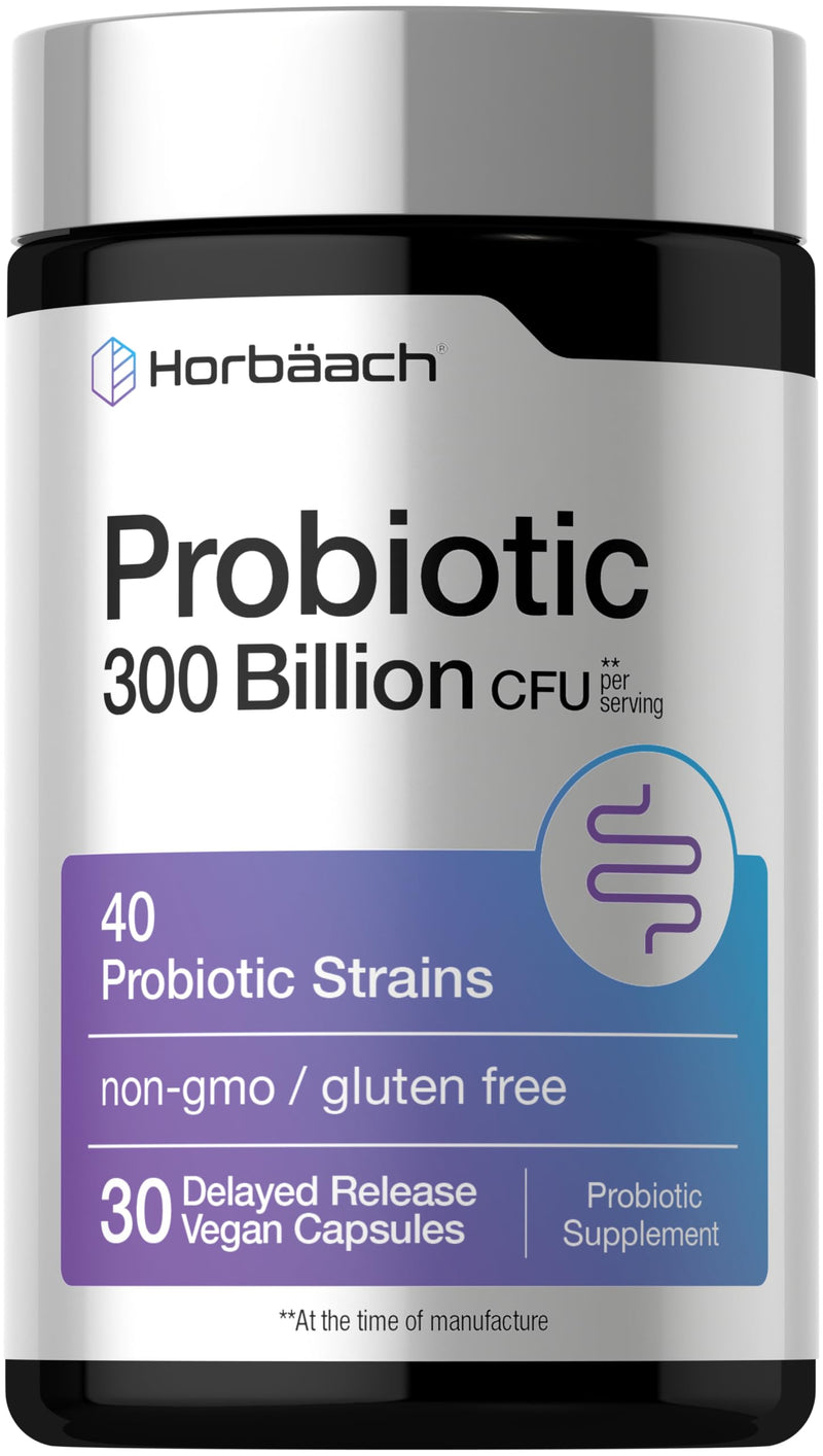 Horbäach Probiotics for Women and Men | 300 Billion CFU | 30 Capsules | 40 Probiotic Strains with Prebiotic |Vegan, Non-GMO & Gluten Free Supplement