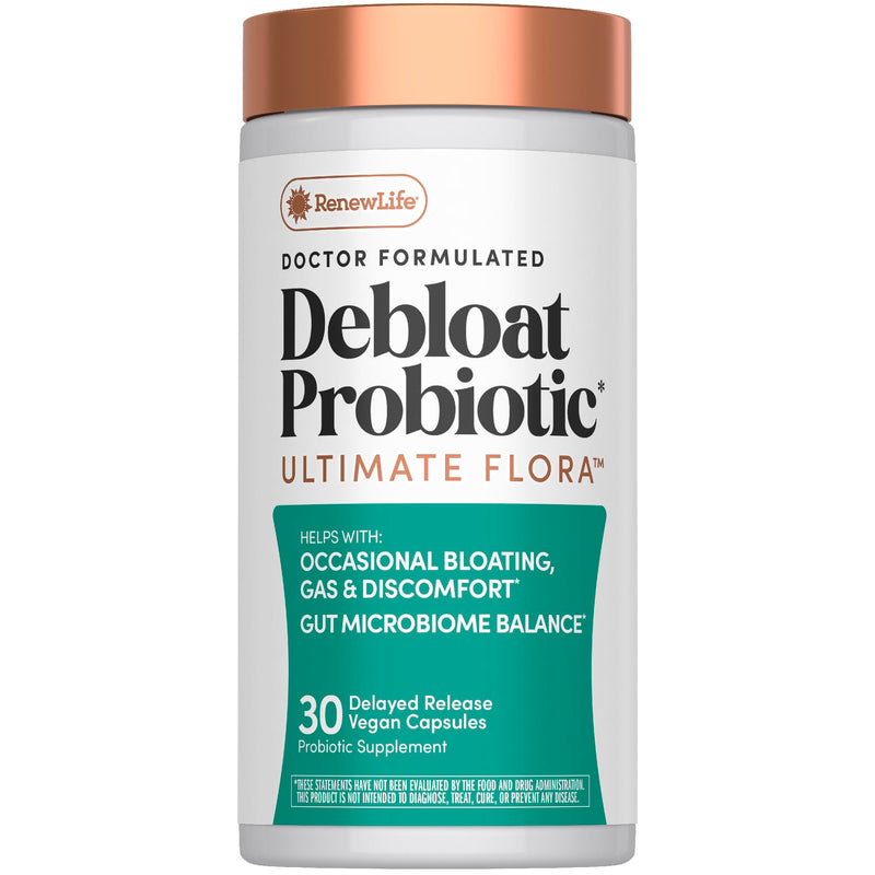 Renew Life Ultimate Flora Debloat Probiotic | 30 Delayed Release Vegan Capsules | with Potent Digestive Enzymes, B12 & Chromium | Gluten, Dairy & Soy Free Supplement