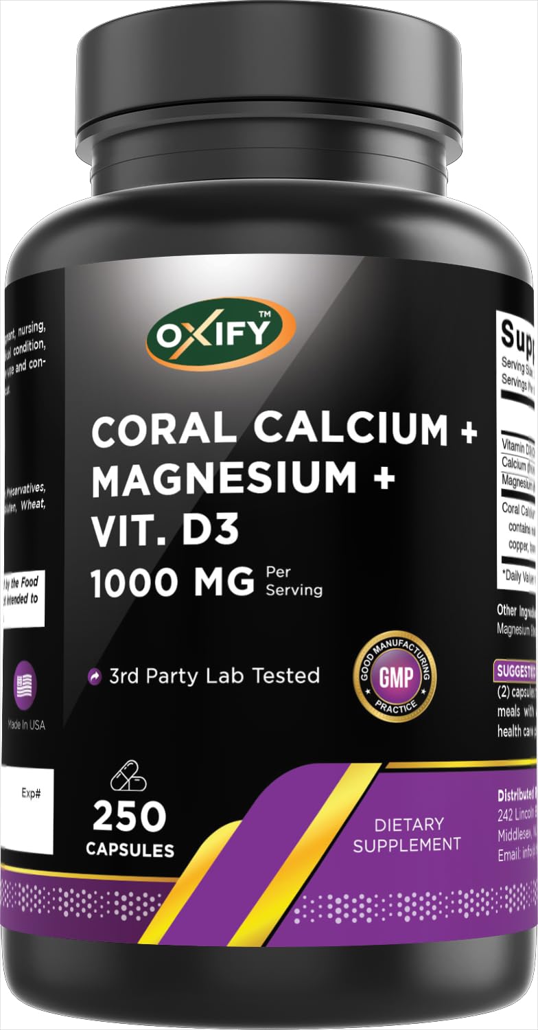Oxify Coral Calcium + Magnesium + VIT. D3 1000 mg | 250 Capsule | Gluten-Free, Non-GMO | Supplement Made in USA