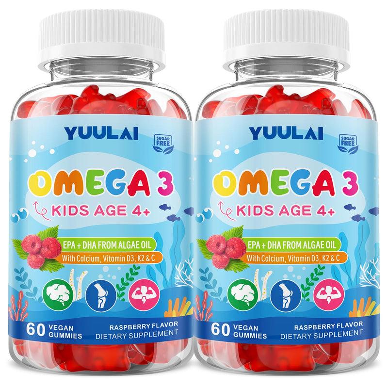 2 Pack Omega 3 Gummies for Kids, Sugar Free Children's Omega 3 Supplement with Calcium + Vitamin D3 K2 + C, Omega-3 DHA & EPA for Brain & Immune Support, Vegan Fish Oil Alternative, 120 Count 120 Count (Pack of 1)